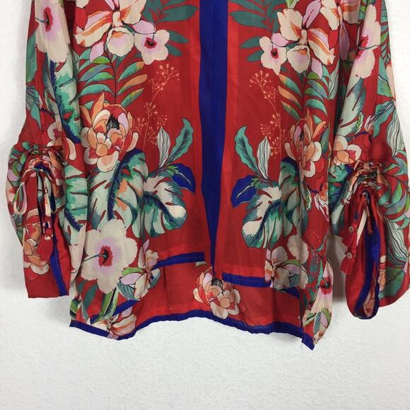 Johnny Was Evy Red Floral 100% Silk Blouse Medium Balloon Sleeve Lightweight - Picture 12 of 14